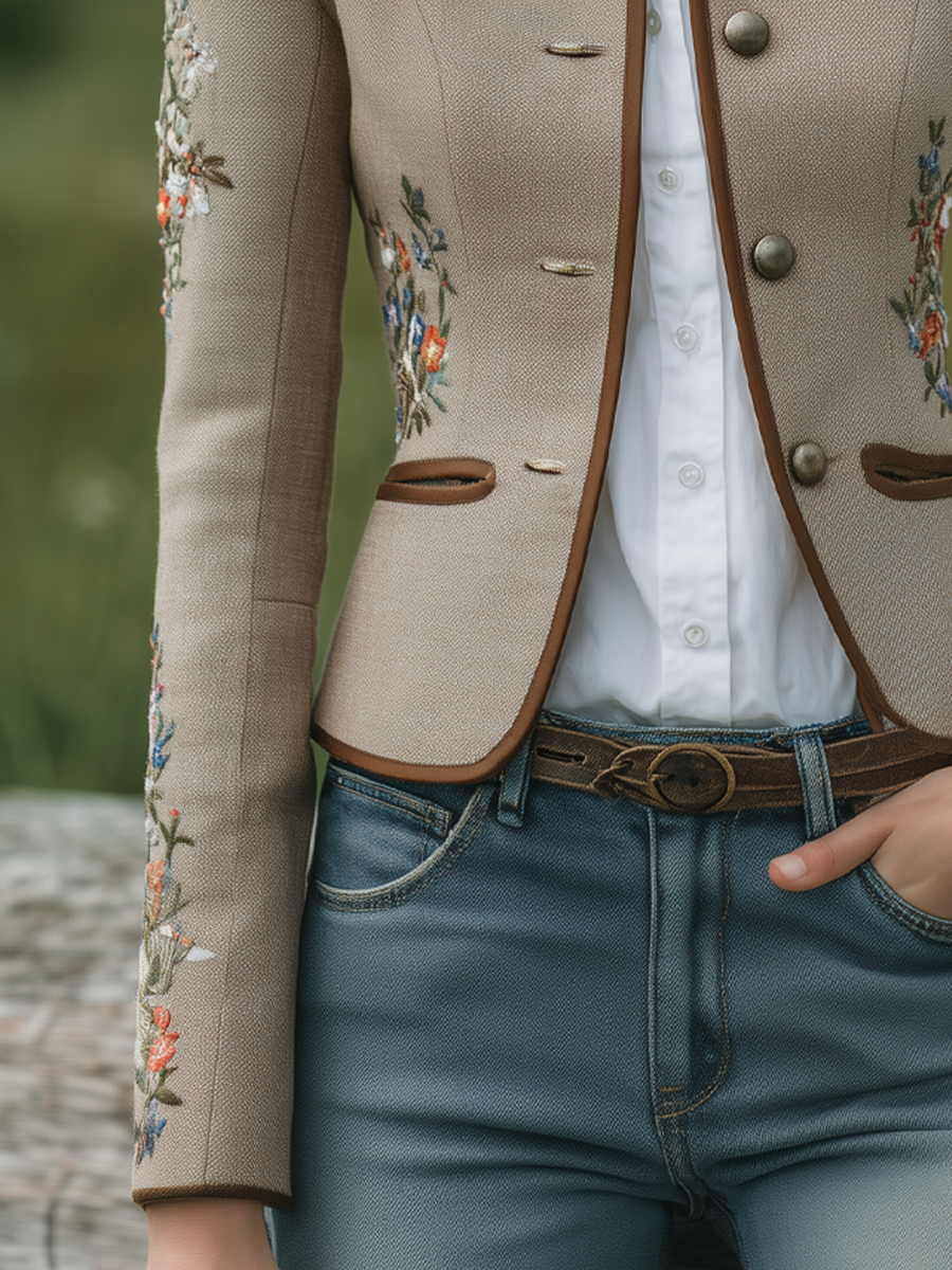 Vintage Floral Embroidery Contrast Trim Stand Collar Jacket