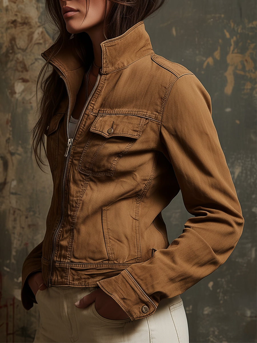 Vintage Washed Denim Front Zip Straight Jacket