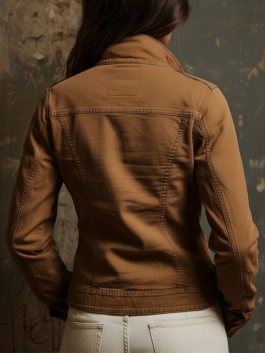 Vintage Washed Denim Front Zip Straight Jacket