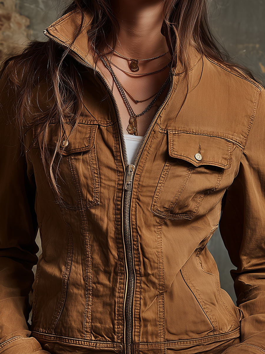 Vintage Washed Denim Front Zip Straight Jacket