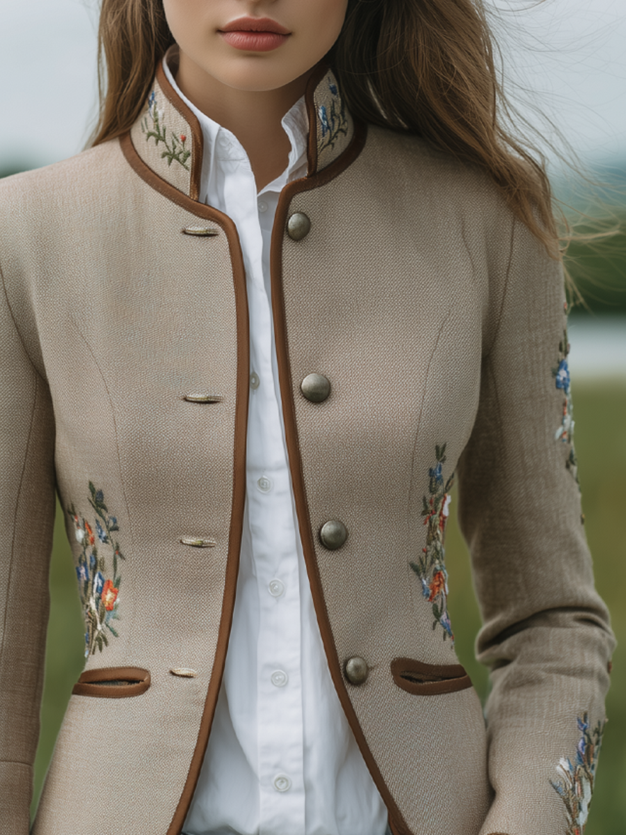 Vintage Floral Embroidery Contrast Trim Stand Collar Jacket