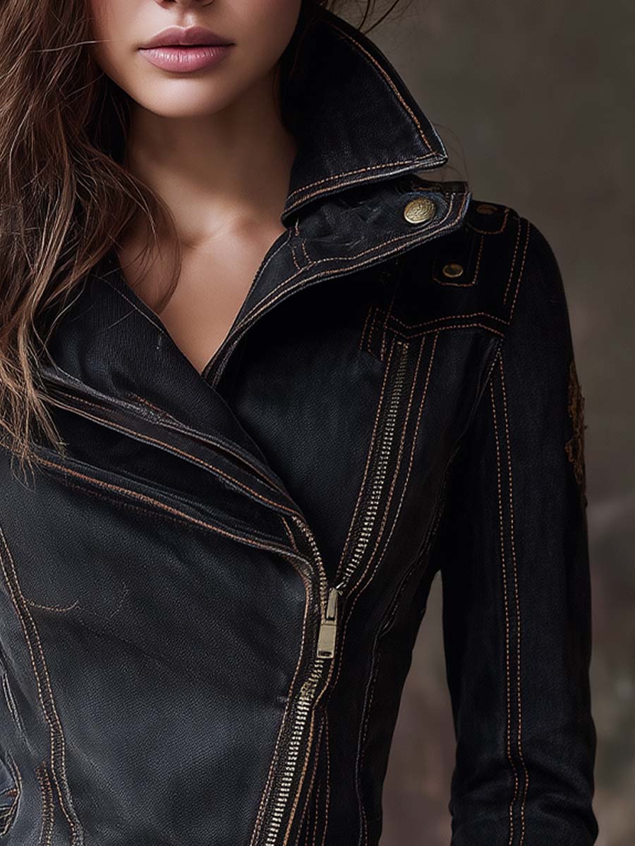 Vintage Washed Denim Moto Jacket – Charcoal Edge