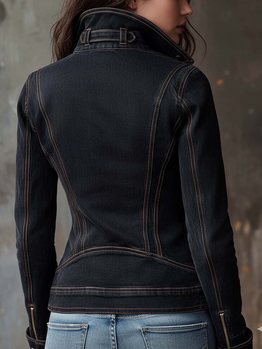 Vintage Washed Denim Moto Jacket – Charcoal Edge