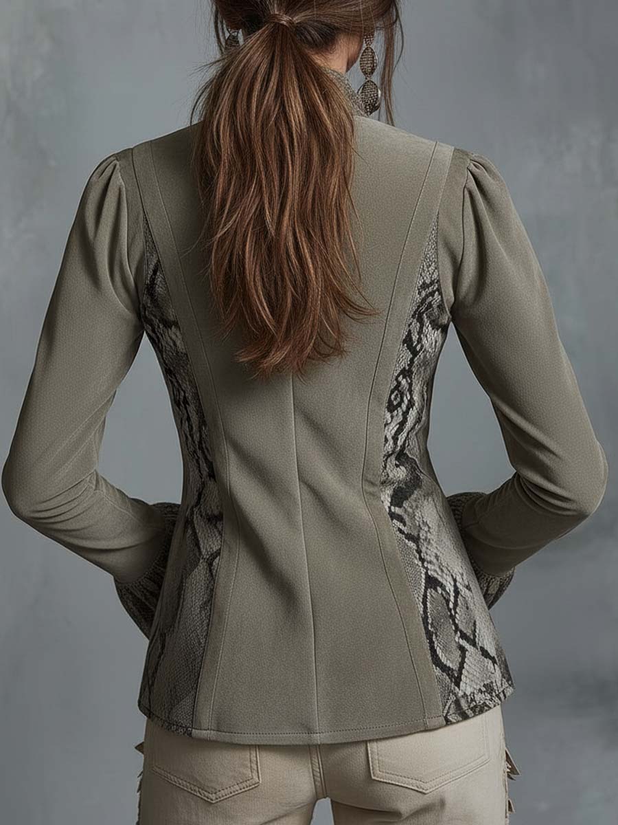 Eco-Suede Snake Print Zip-Up Blouse With Lace Cuff Detail