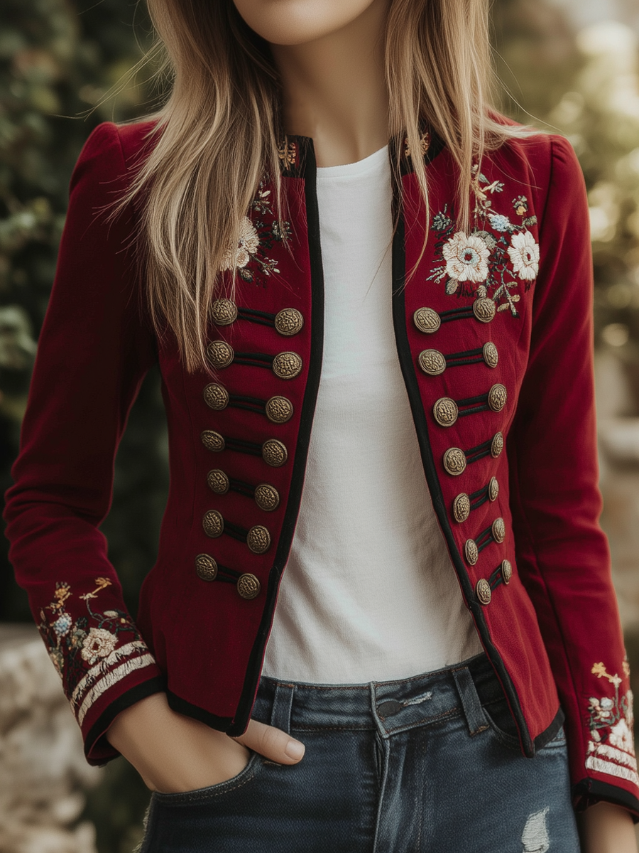 Vintage Stand Collar Floral Embroidered Jacket