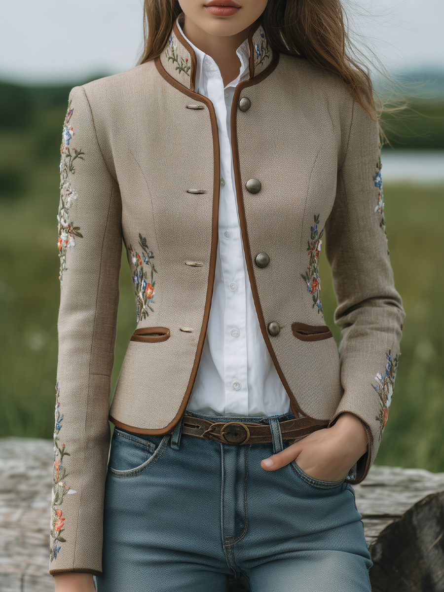 Vintage Floral Embroidery Contrast Trim Stand Collar Jacket