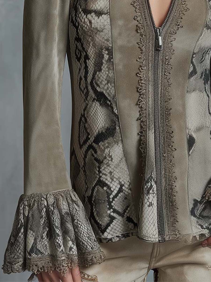 Eco-Suede Snake Print Zip-Up Blouse With Lace Cuff Detail