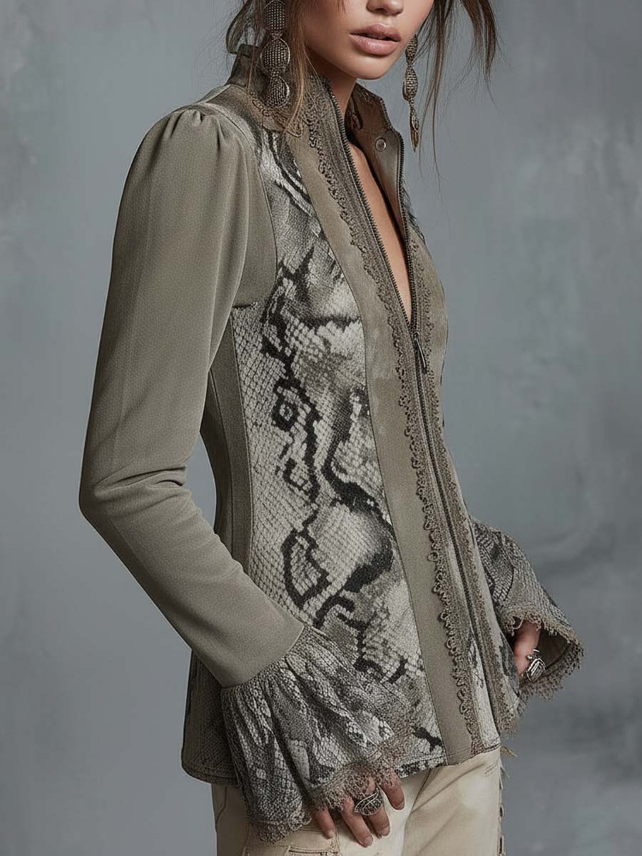 Eco-Suede Snake Print Zip-Up Blouse With Lace Cuff Detail