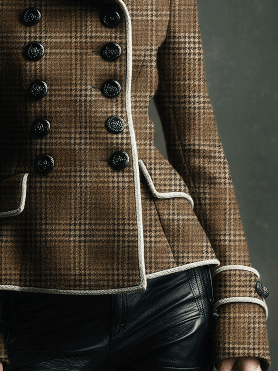 Chic Brown Double-breasted Check Wool Jacket