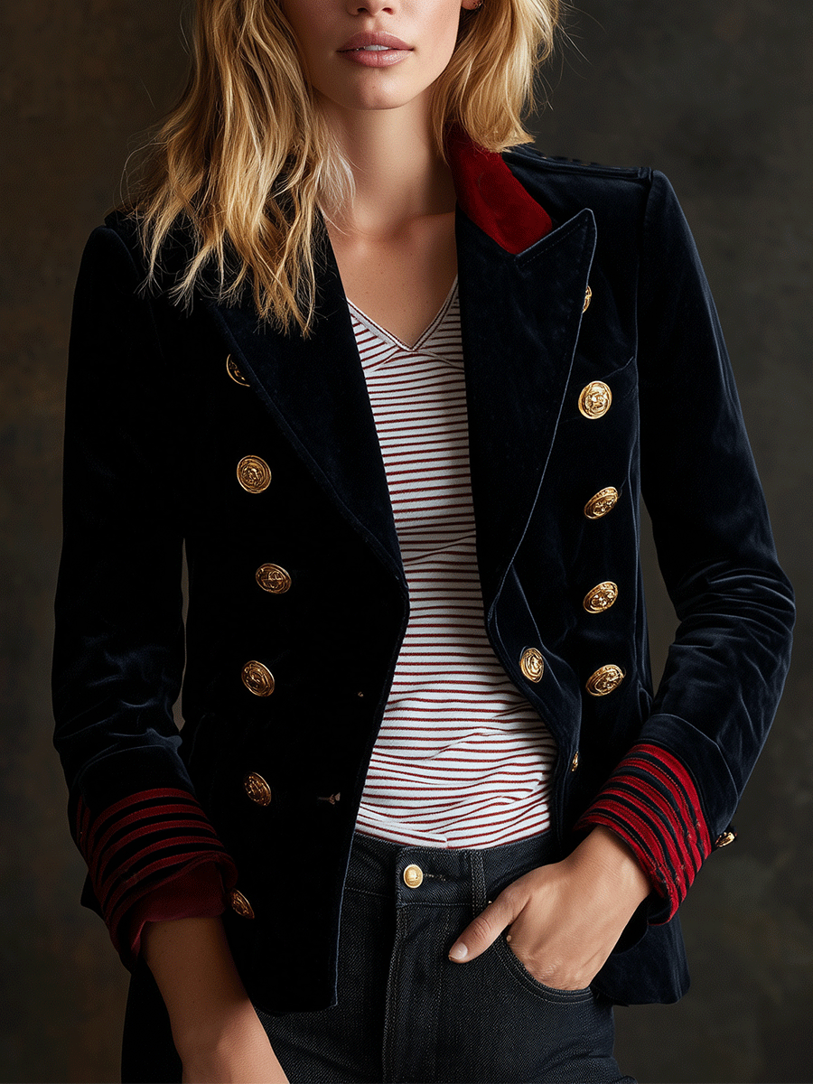 Navy Velvet Military Red Accents Blazer