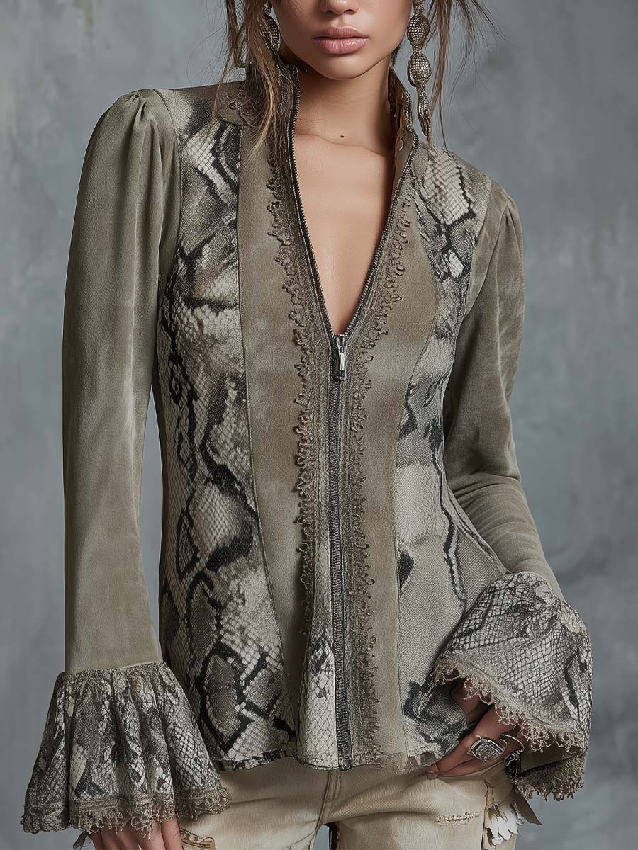 Eco-Suede Snake Print Zip-Up Blouse With Lace Cuff Detail
