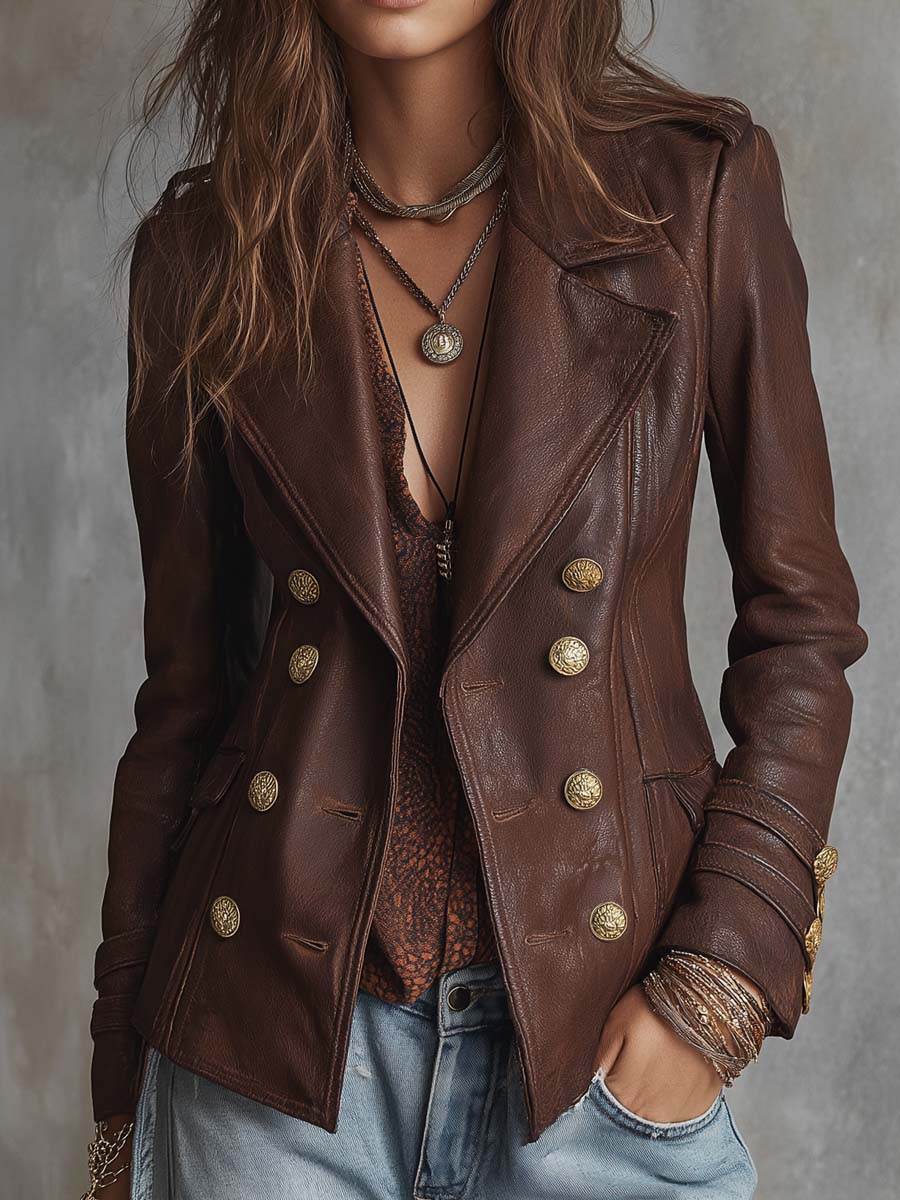 Retro Double-breasted Wide Lapel Faux Leather Jacket