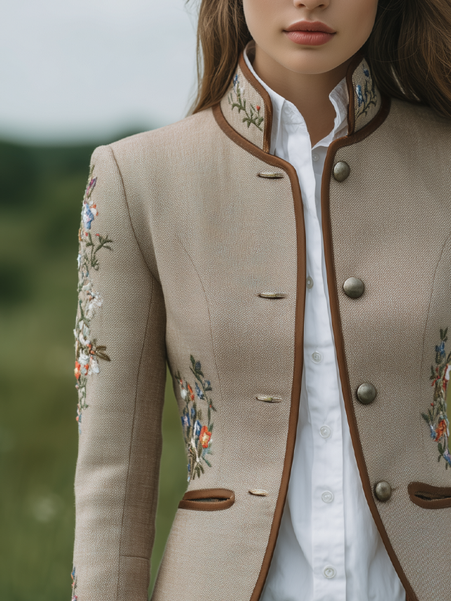 Vintage Floral Embroidery Contrast Trim Stand Collar Jacket
