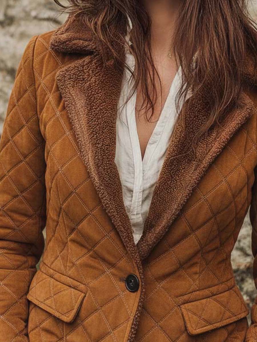 Vintage Suede Quilted Embossed Jacket With Shearling Trim