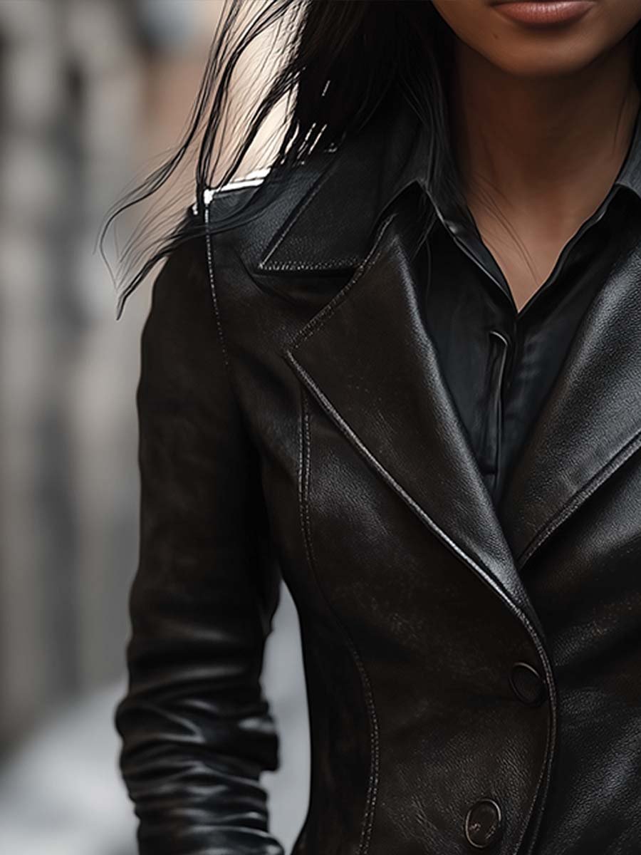 Vintage Lapel Button Faux Leather Jacket